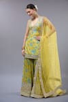 Gopi Vaid_Yellow Cotton, Silk, Net Zari, Sequins V-neck Floral Kurta Sharara Set _Online_at_Aza_Fashions