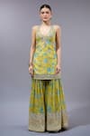 Buy_Gopi Vaid_Yellow Cotton, Silk, Net Zari, Sequins V-neck Floral Kurta Sharara Set _Online_at_Aza_Fashions