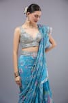 Gopi Vaid_Blue Georgette, Organza, Cotton, Silk Designer Ruffle Pre-draped Saree Set _at_Aza_Fashions