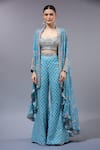 Shop_Gopi Vaid_Blue Cotton, Silk Beads Halter Neck Printed Cape Pant Set _Online_at_Aza_Fashions