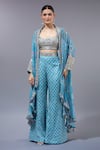 Buy_Gopi Vaid_Blue Cotton, Silk Beads Halter Neck Printed Cape Pant Set _at_Aza_Fashions