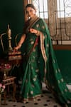 Shop_Nimbu Mirchi_Emerald Green Zari, Sequins Embroidered Saree And Unstitched Blouse Piece _at_Aza_Fashions