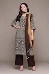 Buy_Ritu Kumar_Brown Cotton Embroidery Round Neck Dharohar Kurta Set With Pant And Dupatta _Online_at_Aza_Fashions