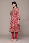 Buy_Ritu Kumar_Pink Viscose, Lycra Embroidery Round Neck Calabria Kurta With Churidar And Dupatta 