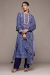 Shop_Ritu Kumar_Blue Viscose Embroidery Round Neck Peru Kurta With Pant And Dupatta _Online_at_Aza_Fashions