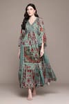 Buy_Ritu Kumar_Teal Viscose V-neck Pierra Long Dress _Online_at_Aza_Fashions