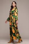 Buy_Ritu Kumar_Brown Viscose Embroidery V-neck Botanic Print Fit And Flare Dress _Online_at_Aza_Fashions