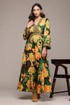Buy_Ritu Kumar_Brown Viscose Embroidery V-neck Botanic Print Fit And Flare Dress _at_Aza_Fashions