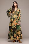Shop_Ritu Kumar_Brown Viscose Embroidery V-neck Botanic Print Fit And Flare Dress 