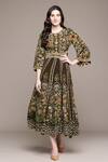 Ritu Kumar_Brown Viscose Round Neck Flora Long Dress _at_Aza_Fashions