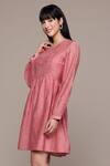 Ritu Kumar_Pink Viscose, Cotton Embroidery Round Neck Essential-label Short Dress _Online_at_Aza_Fashions