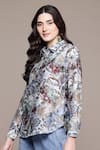 Ritu Kumar_Blue Cotton, Silk Shawl Neck, Collared Calabria Printed Shirt _Online_at_Aza_Fashions