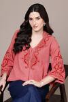 Ritu Kumar_Pink Cotton Embroidery V-neck Inlay Short Kurta _Online_at_Aza_Fashions