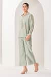 Sue Mue_Green Silk, Chanderi Embroidery, Beads Collared Sage Handwoven Set _Online_at_Aza_Fashions