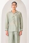 Buy_Sue Mue_Green Silk, Chanderi Embroidery, Beads Collared Sage Handwoven Set _Online_at_Aza_Fashions