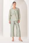 Buy_Sue Mue_Green Silk, Chanderi Embroidery, Beads Collared Sage Handwoven Set _at_Aza_Fashions