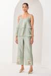 Buy_Sue Mue_Green Silk, Chanderi Embroidery, Beads, Sequins Scoop Neck Sage Handwoven Set _at_Aza_Fashions