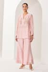 Buy_Sue Mue_Pink Silk, Chanderi Embroidery Collared Pastel Handwoven Co-ord Set _at_Aza_Fashions