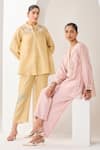 Shop_Sue Mue_Pink Silk, Chanderi Embroidery Collared Pastel Handwoven Co-ord Set _Online_at_Aza_Fashions