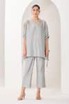 Buy_Sue Mue_Blue Silk, Chanderi, Handloom Cotton Embroidery, Handwoven Co-ordinate Set _at_Aza_Fashions