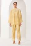 Buy_Sue Mue_Yellow Silk, Silk, Embroidery Mandarin Pastel Handwoven Set _at_Aza_Fashions
