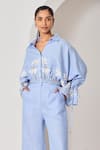 Sue Mue_Blue Linen Embroidery, Applique Collared Powder Co-ordinate Set _Online_at_Aza_Fashions