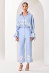 Buy_Sue Mue_Blue Linen Embroidery, Applique Collared Powder Co-ordinate Set _at_Aza_Fashions