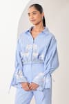 Buy_Sue Mue_Blue Linen Embroidery, Applique Collared Powder Co-ordinate Set _Online_at_Aza_Fashions