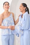 Sue Mue_Blue Linen Embroidery, Applique Collared Powder Co-ordinate Set _Online