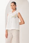 Sue Mue_White Linen Embroidery Collared Floral Shirt And Pant Set _Online_at_Aza_Fashions