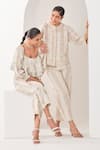 Sue Mue_White Linen Embroidery Collared Beige Co-ordinate Set _Online_at_Aza_Fashions