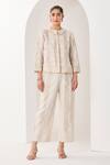 Buy_Sue Mue_White Linen Embroidery Collared Beige Co-ordinate Set _at_Aza_Fashions
