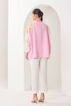 Shop_Sue Mue_Pink Linen Embroidery, Applique Round Neck Light Colour-blocked Shirt And Pant _at_Aza_Fashions