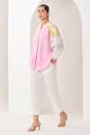 Buy_Sue Mue_Pink Linen Embroidery, Applique Round Neck Light Colour-blocked Shirt And Pant _Online_at_Aza_Fashions