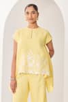 Sue Mue_Yellow Linen Embroidery, Cut Work, Applique Open Floral Motif Top And Pant Set _Online_at_Aza_Fashions