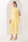 Buy_Sue Mue_Yellow Linen Embroidery, Cut Work, Applique Open Floral Motif Top And Pant Set _Online_at_Aza_Fashions