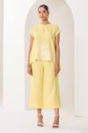 Buy_Sue Mue_Yellow Linen Embroidery, Cut Work, Applique Open Floral Motif Top And Pant Set _at_Aza_Fashions