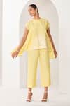 Sue Mue_Yellow Linen Embroidery, Cut Work, Applique Open Floral Motif Top And Pant Set _at_Aza_Fashions