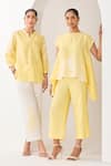 Buy_Sue Mue_Yellow Linen Embroidery, Cut Work, Applique Open Floral Motif Top And Pant Set 
