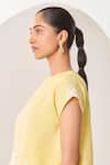 Shop_Sue Mue_Yellow Linen Embroidery, Cut Work, Applique Open Floral Motif Top And Pant Set 