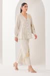 Sue Mue_Gray Linen Embroidery V-neck Light Grey Co-ord Set _Online_at_Aza_Fashions