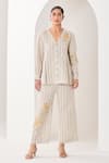 Buy_Sue Mue_Gray Linen Embroidery V-neck Light Grey Co-ord Set _at_Aza_Fashions