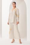 Buy_Sue Mue_Gray Linen Embroidery V-neck Light Grey Co-ord Set _Online_at_Aza_Fashions