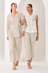 Sue Mue_Gray Linen Embroidery V-neck Light Grey Co-ord Set _at_Aza_Fashions