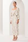 Sue Mue_Beige Linen Embroidery Square Neck Floral Co-ordinate Set _Online_at_Aza_Fashions