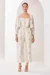 Buy_Sue Mue_Beige Linen Embroidery Square Neck Floral Co-ordinate Set _Online_at_Aza_Fashions