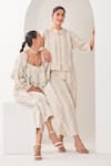 Sue Mue_Beige Linen Embroidery Square Neck Floral Co-ordinate Set _at_Aza_Fashions