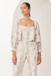 Buy_Sue Mue_Beige Linen Embroidery Square Neck Floral Co-ordinate Set 