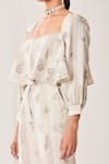 Shop_Sue Mue_Beige Linen Embroidery Square Neck Floral Co-ordinate Set 