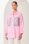 Sue Mue_Pink Linen Embroidery Collared Light Shirt And Pant Set _Online_at_Aza_Fashions
